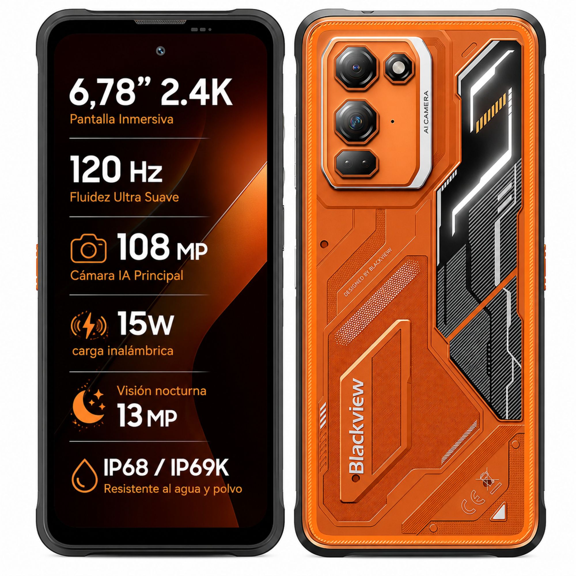 Celular Rugged Blackview FORT 200 Naranjo 256GB 108MP 24GB