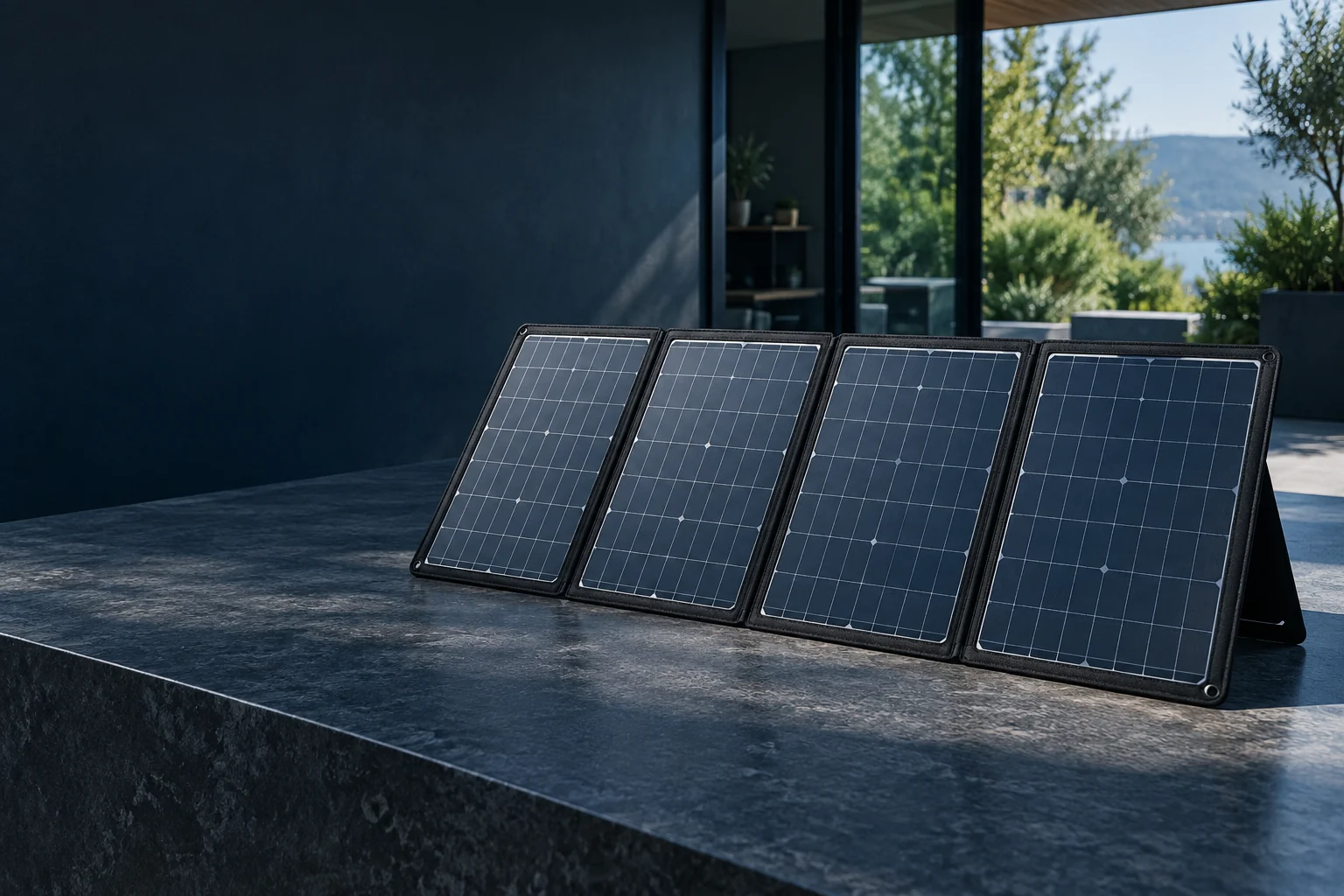 Panel solar port&aacute;til desplegado en una terraza